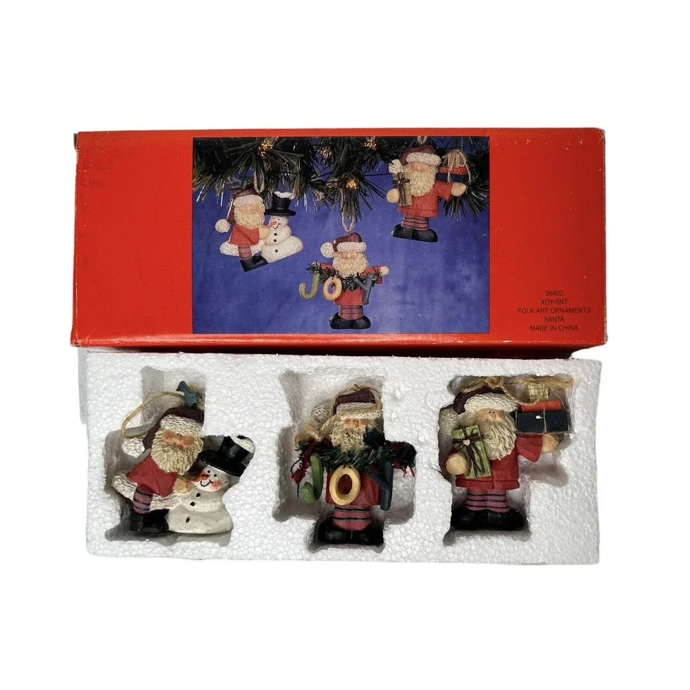 NEW Folk Art Set of 3 Primitive Santa‎ Christmas Tree Ornaments 4